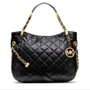 Michael Kors Susannah Medium Shoulder Tote Black Quilted Leather Authentic Gold